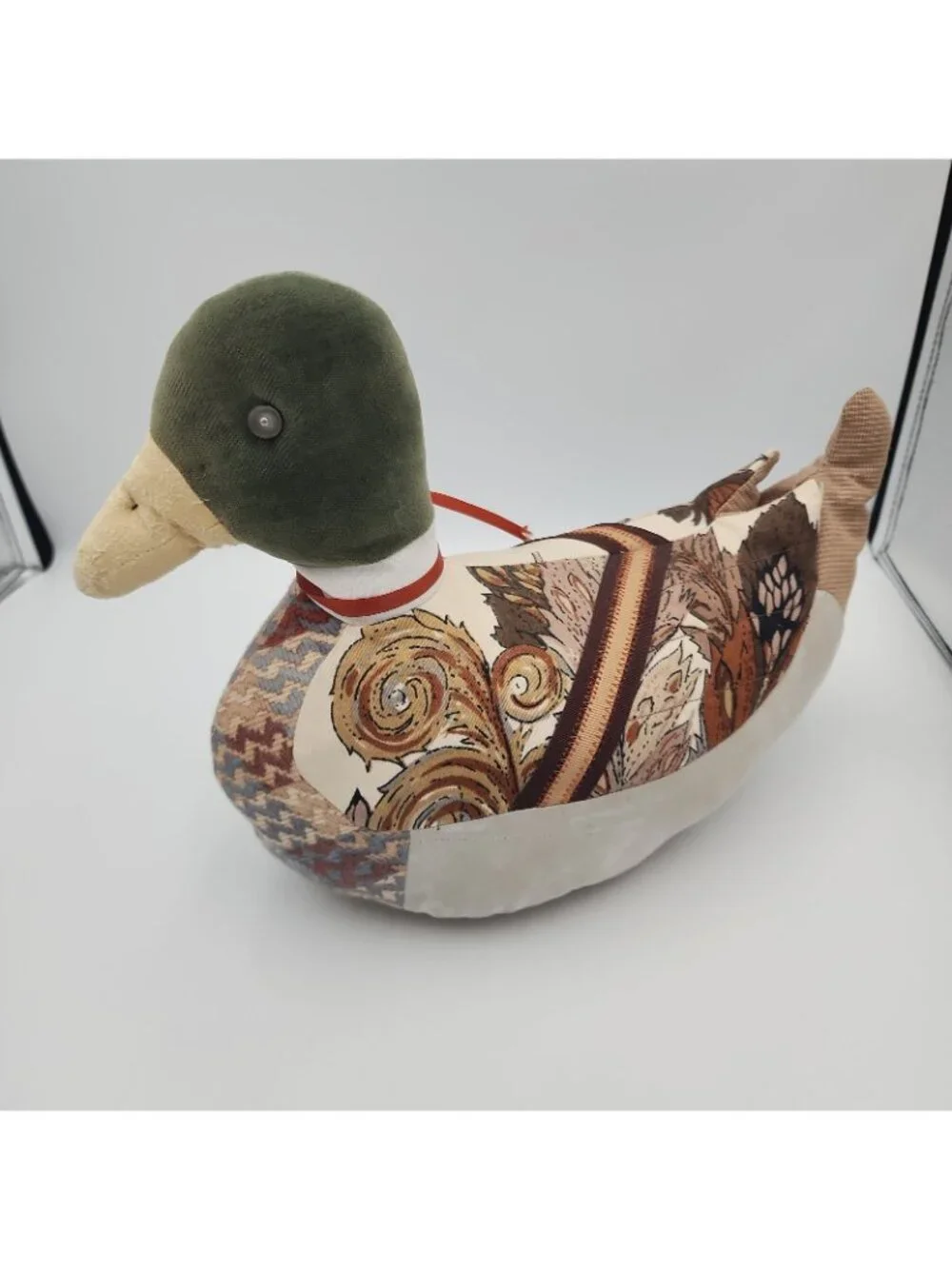 Vintage Mallard Duck Throw Pillow Plush Wool Tweed Calico Weighted Blue, Rust